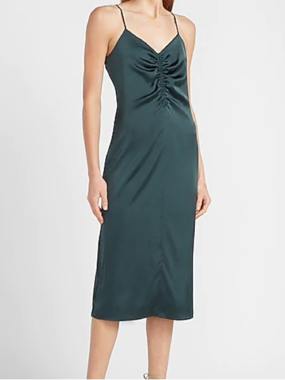 Express Emerald Green Satin Slip Dress Ruched V-neck Midi Spaghetti Strap Medium